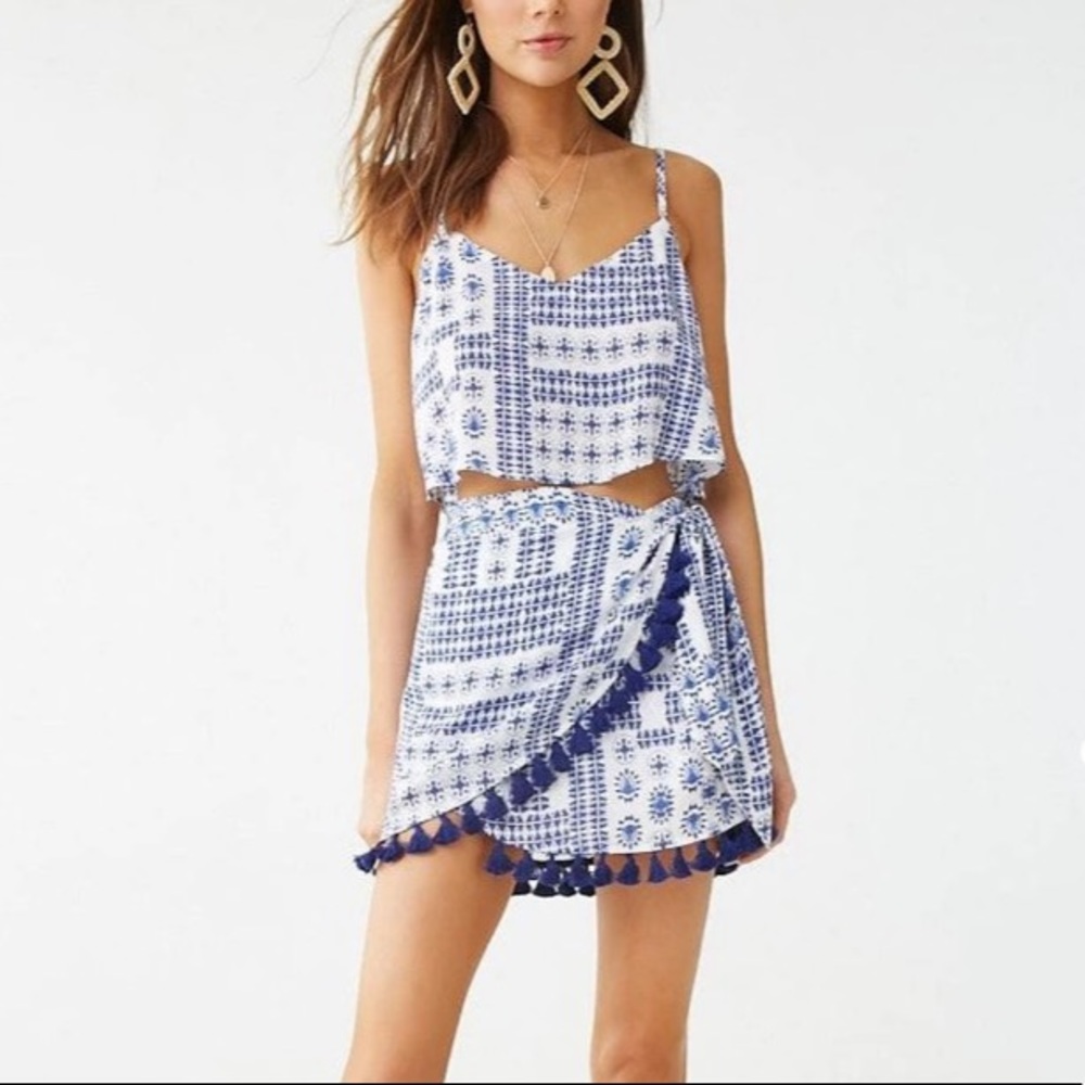 Geometric Blue Set with Tassel Wrap Skirt